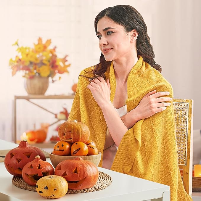 inhand Knitted Fall Throw Blanket for Couch and Bed, Knit Fall Decor Halloween Blanket with Tassel, Mustard Yellow Lightweight Decorative Farmhouse Warm Woven Blankets and Throws for Women, 60"x80"-Ruum Studio Home