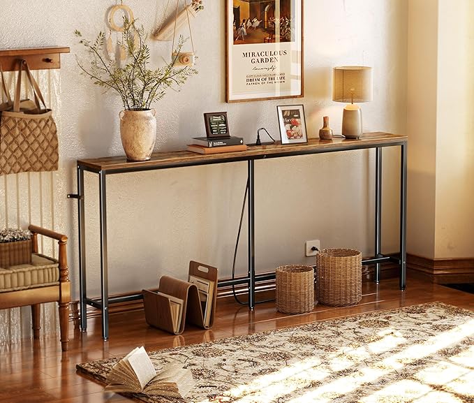 SUPERJARE 70 Inch Console Table with Outlet, Sofa Table with Charging Station, Narrow Entryway Table, Skinny Hallway Table, for Living Room, Rustic Brown-Ruum Studio Home