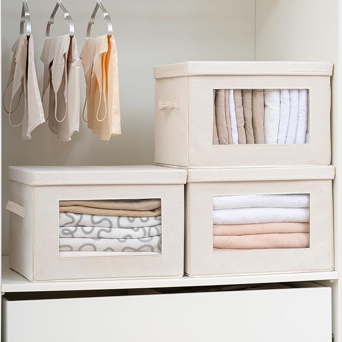 Citylife 4-Pack Storage Bins with Lids, Fabric Foldable Storage Bins with Soft Cord Handles, Cube Closet Storage Baskets with Lids, Organizers for Organizing Clothes and Books, Beige-Ruum Studio Home