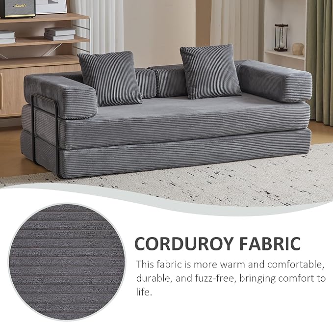 Convertible Sleeper Sofa Bed, Compression Folding Sofa with Pillow, No Assembly Required, Shape Frame, Floor Sofas Lounge Couch for Living Room, Bedroom, Small Spaces(Corduroy, 77''W, Dark Grey)-Ruum Studio Home