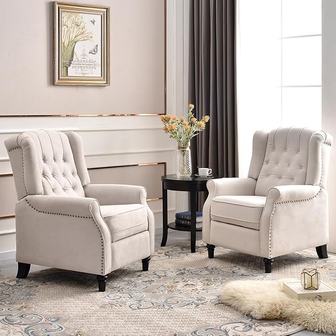 EBELLO 2 Pcs Pushback Recliner Chairs, Fabric Armchair Push Back Recliner with Rivet Decoration, Single Sofa Accent Chair for Living Room, Bedroom,Beige-Ruum Studio Home