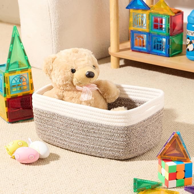 Small Storage Baskets for Organizing | Closet Organizer Bins | Shelf Toy Basket | Woven Rope Baskets | Cube Decorative Box | Shallow Basket | 13x8.5x5.1” | 3 Packs White Brown-Ruum Studio Home