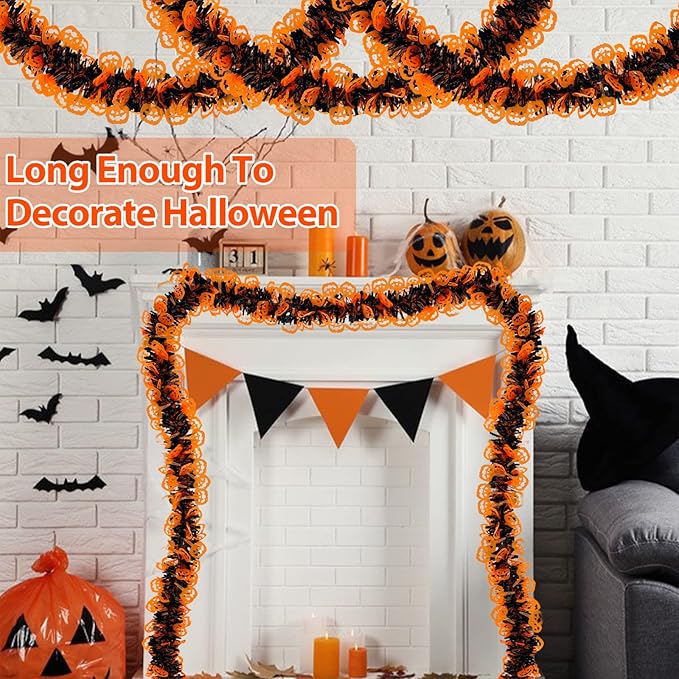 TURNMEON 2 Pack Halloween Garland Total 66 Ft Halloween Tinsel Garland with Black Orange Pumpkin Metallic Twist Black Tinsel Garlands Outdoor Halloweens Decorations Indoor for Home Mantle Door Tree-Ruum Studio Home