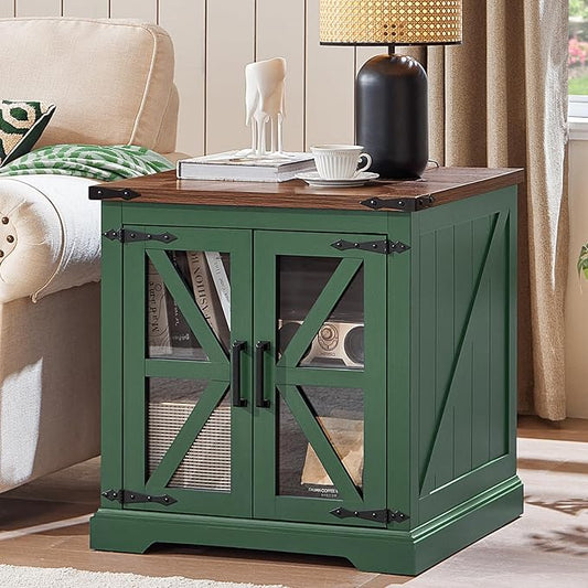 24" End Table with Charging Station, Farmhouse Night Stand with Glass Barn Door, Green Nightstands with Adjustable Storage Shelf, Large Wood Square Bed Side Table for Living Room, Bedroom-Ruum Studio Home