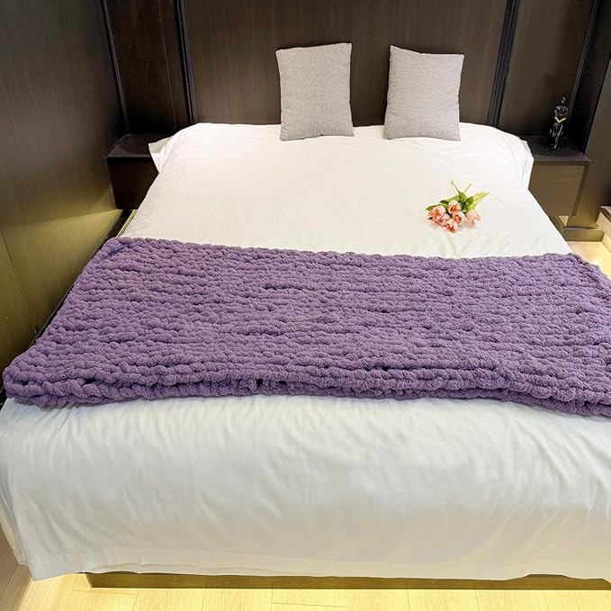 Chunky Knit Blanket Throw 48"x71", Chenille Throw Blankets, Handmade Warm & Cozy Blanket Couch Bed Home Decor, Soft Breathable Fleece Banket, Christmas for Couch Bed Sofa Best Gift (Purple)-Ruum Studio Home