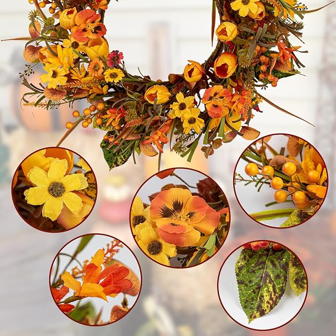 18 Inches Fall Wreaths for Front Door Rustic Autumn Wreath Farmhouse Fall Floral Wreaths with Tulips Phalaenopsis Orange Wildflowers for Wall Window Porch Indoor Outside Decor-Ruum Studio Home