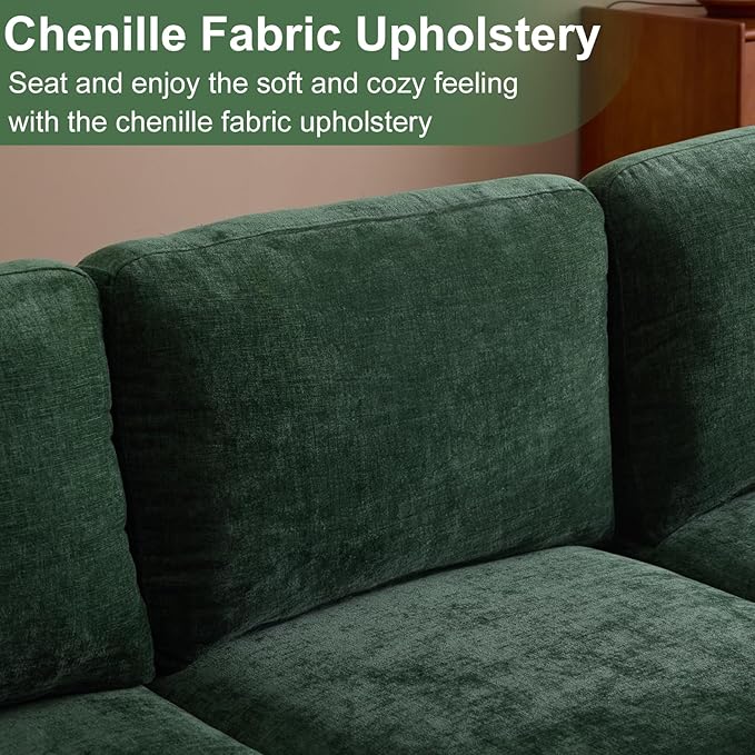 Karl home U-Shape Sectional Sofa Couch 111" Modern 4-Seat Sofa with Chaises Chenille Fabric Upholstered Covertible Couch with Wood Grain Legs for Living Room, Reception Room, Apartment, Green-Ruum Studio Home