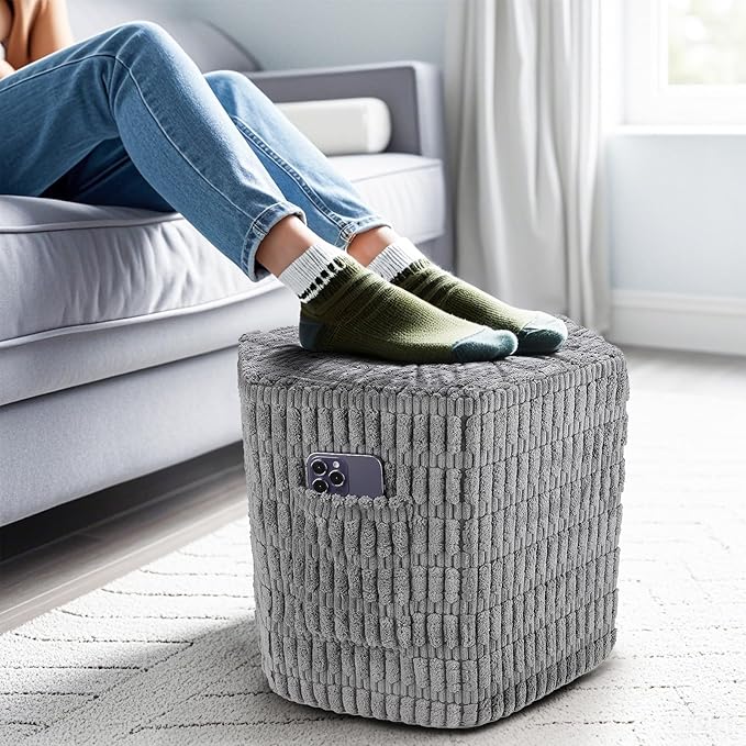 Hexagon Pouf Ottoman Stuffed with 2 Pockets & Handle, Comfort Corduroy Poufs, Non-Slip Foot Stool Storage Ottoman, Foam Floor Poufs Foot Rest for Couch, Bedroom (Gray)-Ruum Studio Home