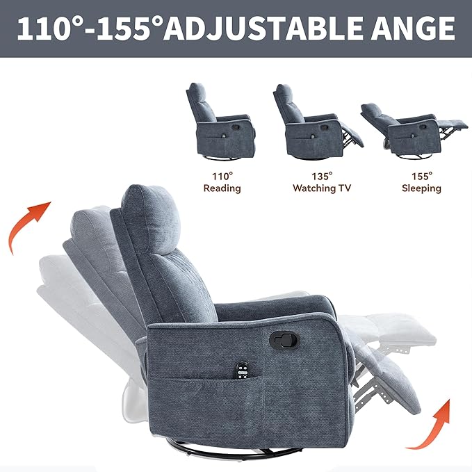 Manual Swivel Rocker Recliner Chair for Adults, Overstuffed Reclining Glider Chair for Nursing with Vibration Massage & Heat, Living Room Rocking Recliner 2-Stage backrest, Chenille Fabric Blue-Ruum Studio Home