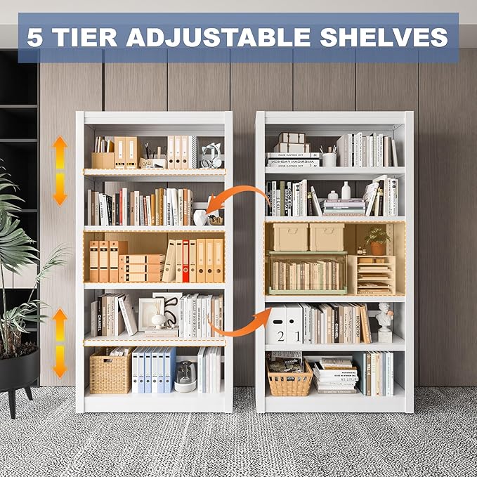 Metal Bookshelf Adjustable - 61" Tall White Bookcase, 5 Tier Book Shelf, Tooless Assembly Book Case, Modern Bookshelves and Bookcases for Home Office, Living Room, Bedroom, Study, Library-Ruum Studio Home