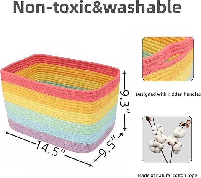 3-Pack Rainbow Storage Baskets 14.5X9.5X9.3“ – Woven Toy Organizer Bins for Kids, Baby Room, Nursery, and Classroom – Cute Square Rope Baskets for Shelves and Organization Rainbow-Ruum Studio Home