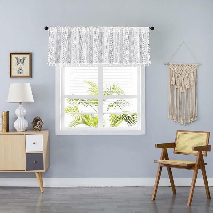 Sutuo Home Boho Sheer Curtain Valance Crochet Lace with Bohemian Hollow Knitted Handmade Tassels, Short Farmhouse Window Treatment for Kitchen Cafe, Rod Pocket, 1 Panel 59" W x 24" L, White-Ruum Studio Home