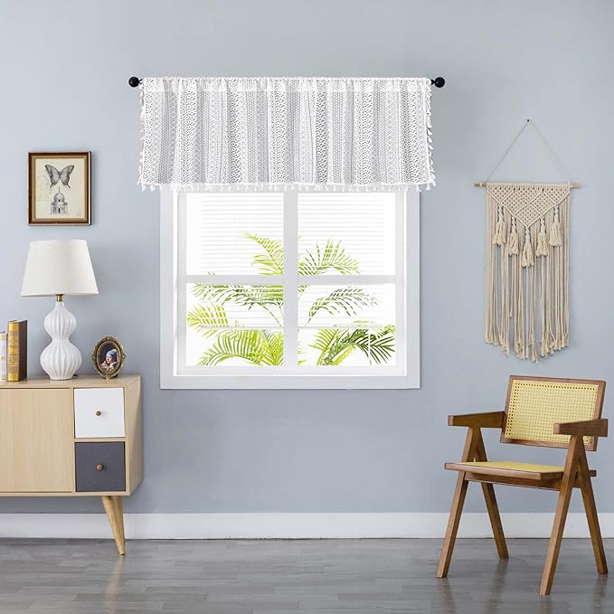 Sutuo Home Boho Sheer Curtain Valance Crochet Lace with Bohemian Hollow Knitted Handmade Tassels, Short Farmhouse Window Treatment for Kitchen Cafe, Rod Pocket, 1 Panel 59" W x 18" L, White-Ruum Studio Home