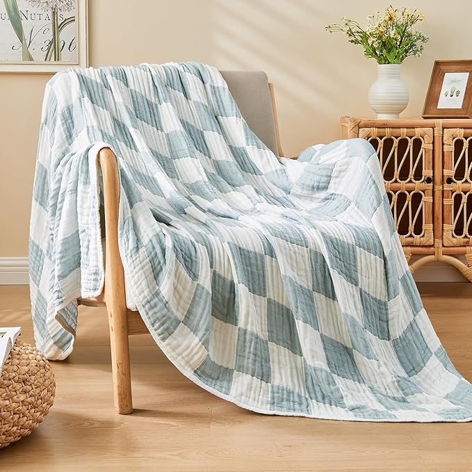 EMME Checkered Throw Blanket Cotton for Couch Soft Muslin Bamboo Blankets 50"x60" Lightweight Breathable Soft Blanket All Season Gauze, Teal-Ruum Studio Home