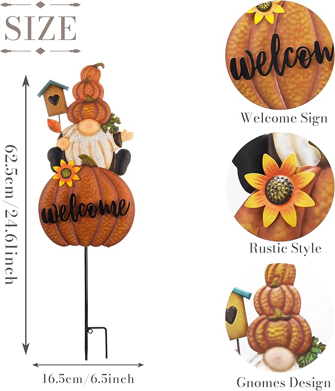 TERESA'S COLLECTIONS Fall Gnome Pumpkin Decorations for Outdoor Home, Metal Fall Decor Welcome Signs Stakes, Orange Autumn Yard Decor for Thanksgiving, Harvest Garden Patio Gift for Mom 25"-Ruum Studio Home
