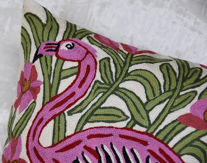 William Morris Flamingo Floral Pillow Cover - Hand Embroidered Modern Flower Pillowcase, Outdoor Cushion, Suzani Farmhouse Chair Throw, Couch Cushions - Wool, Size 18x18-Ruum Studio Home