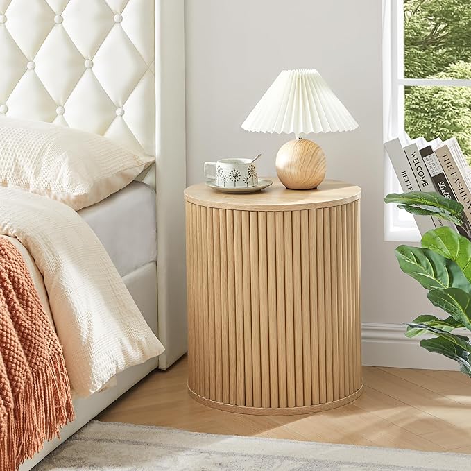 AVZEAR Small Round Side Table Fluted Night Stand Set of 2, Modern Boho End Table with Storage, Circle Bedside Tables Wood Nightstands for Small Spaces, Living Room, Bedroom (Nature)-Ruum Studio Home