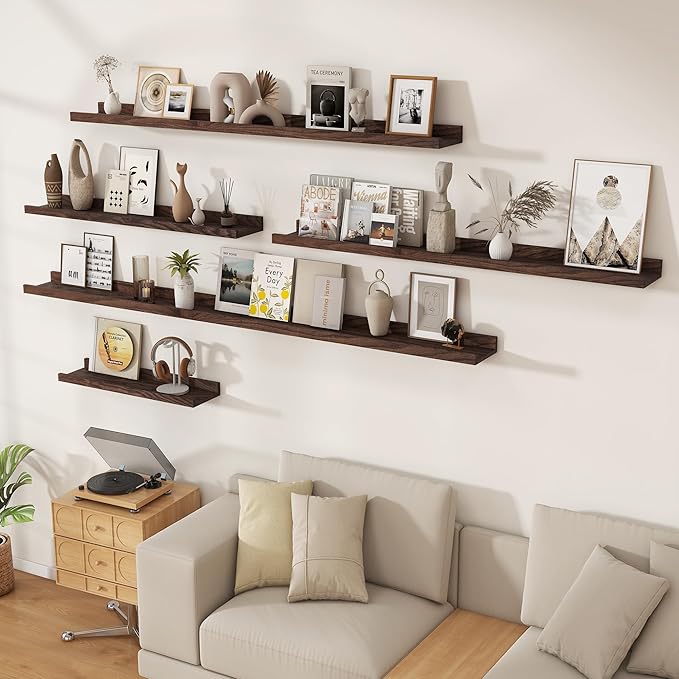 Floating Picture Ledge Shelves 48 Inch Solid Oak Wood Set of 2, Rustic Wall Storage Shelves with Lip, Kids Bookshelf, Photo & Picture Ledge Shelves for Bedroom, Living Room, Kitchen-Ruum Studio Home