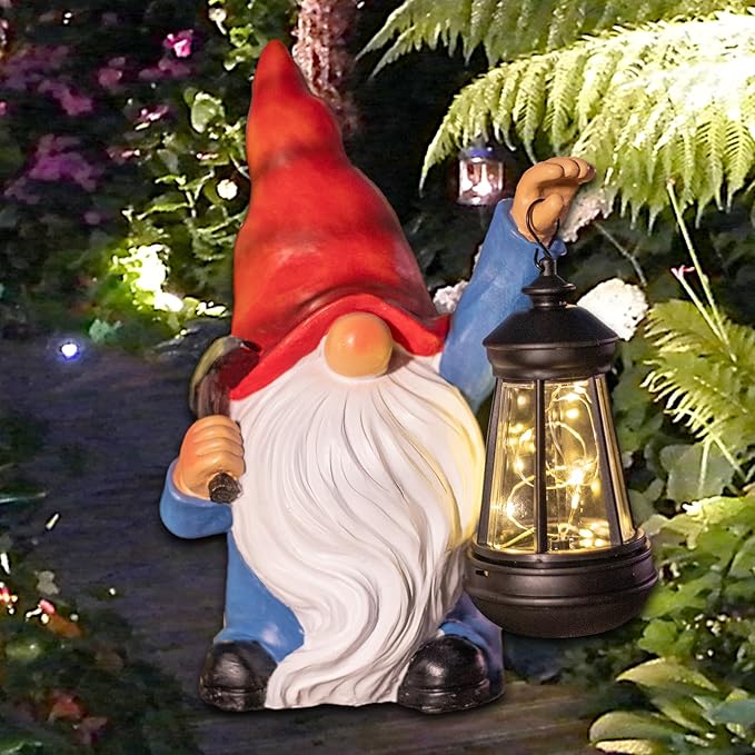 Garden Gnome Statue Solar Light Outdoor Decorations Figurine with Lantern Led Shovel Sculpture Lawn Patio Yard Porch Outside Christmas Housewarming Gifts for Women Mother's Day Grandma-Ruum Studio Home