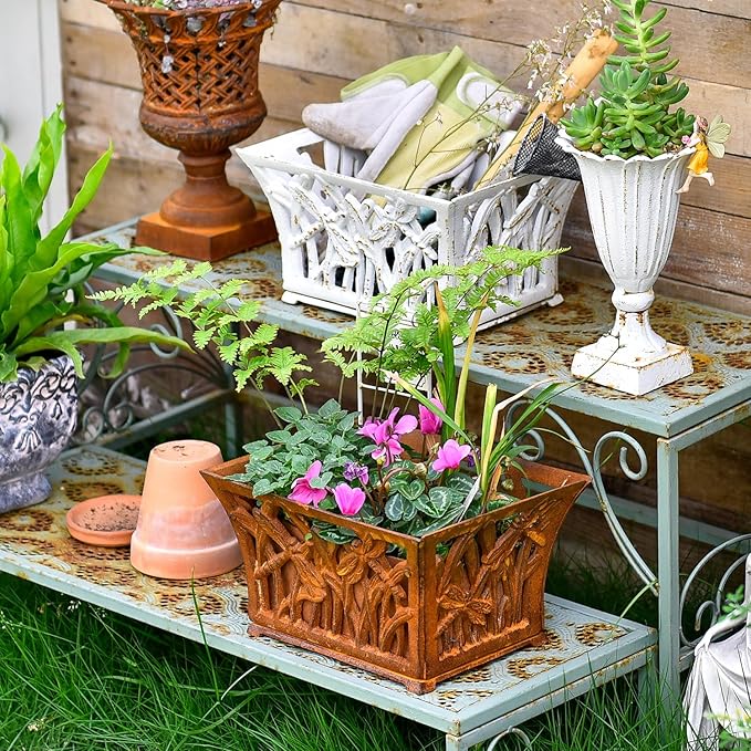 Sungmor Heavy Duty Cast Iron Planter Basket w/Non-Woven Growing Bag, Unique Shape & Beautiful Pattern Design, Hollow Orchid Flower Pot Garden Tools Holder, Full Rusted French Country Decor Container-Ruum Studio Home