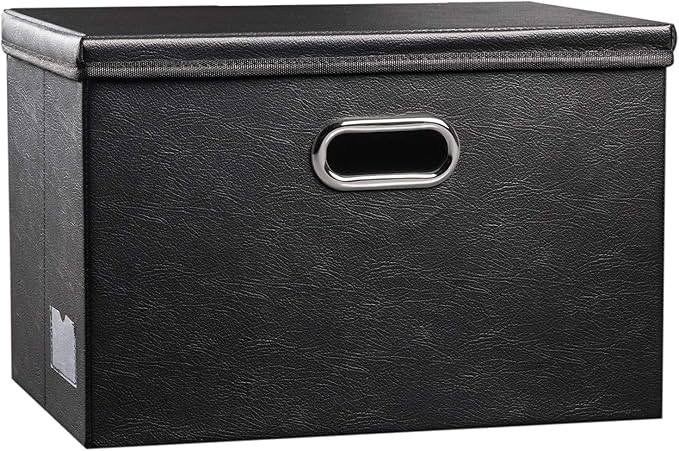 PRANDOM Large Collapsible Storage Bin with Lid [1-Pack] Leather Fabric Foldable Storage Box Organizer Containes Basket Cube with Cover for Home Bedroom Closet Office Nursery Black (17.7x11.8x11.8)-Ruum Studio Home