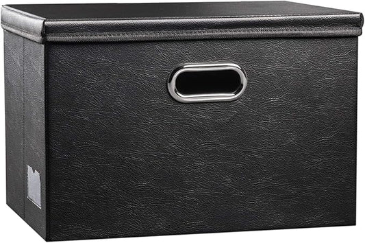 PRANDOM Large Collapsible Storage Bin with Lid [1-Pack] Leather Fabric Foldable Storage Box Organizer Containes Basket Cube with Cover for Home Bedroom Closet Office Nursery Black (17.7x11.8x11.8)-Ruum Studio Home