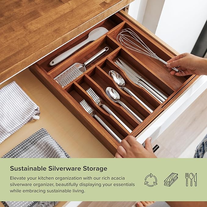Premium Silverware, Flatware and Utensil Organizer for Kitchen Drawers, Food-Safe Contract Grade, Expandable from 16 to 28 In, Natural Acacia-Ruum Studio Home