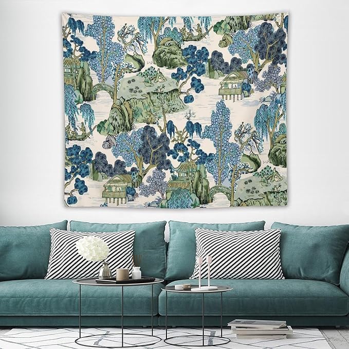 Chinoiserie Tapestry,Asian Watercolor Abstract Art Tapestry,Asian Japanese Wall Tapestry, Nature Landscape Tapestries for Bedroom Living Room Decor 60"x50"-Ruum Studio Home