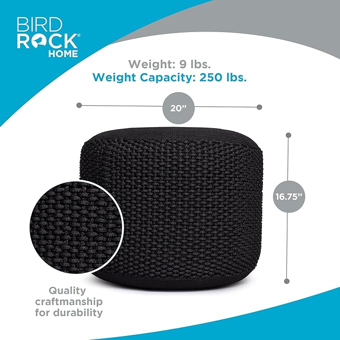 BIRDROCK HOME Outdoor Pouf Ottoman | Hand Woven Waterproof Foot Stool with Bead Bag Filling | Boho Foot Rest for Patio, Living Room, Porch & Outdoor Seating | Lightweight, Soft Stuffed Chair | Black-Ruum Studio Home