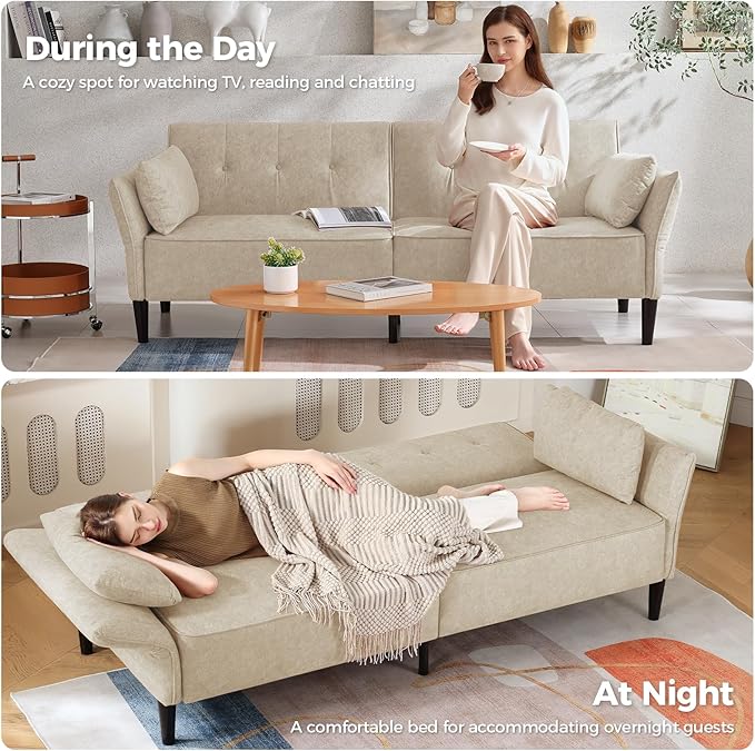 89” Futon Sofa Bed, Velvet Fabric Comfy Futon Couch Bed with 2 Square Pillows, Convertible Sleeper Sofa with Adjustable Backrest& Armrests, Modern Loveseat Sleeper for Living Room, Beige-Ruum Studio Home