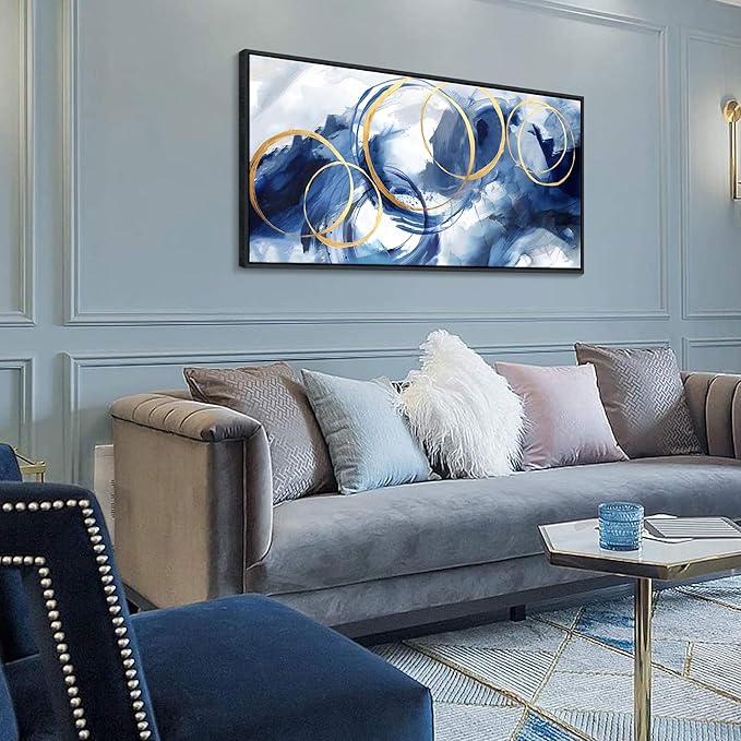 AJAZIKO Blue Abstract Wall Art Modern Navy Blue and Gold Pictures for Living Room Paintings Office Artwork Wall Decor Framed Canvas Wall Art Bedroom Wall Decor Above Bed 20×40IN-Ruum Studio Home
