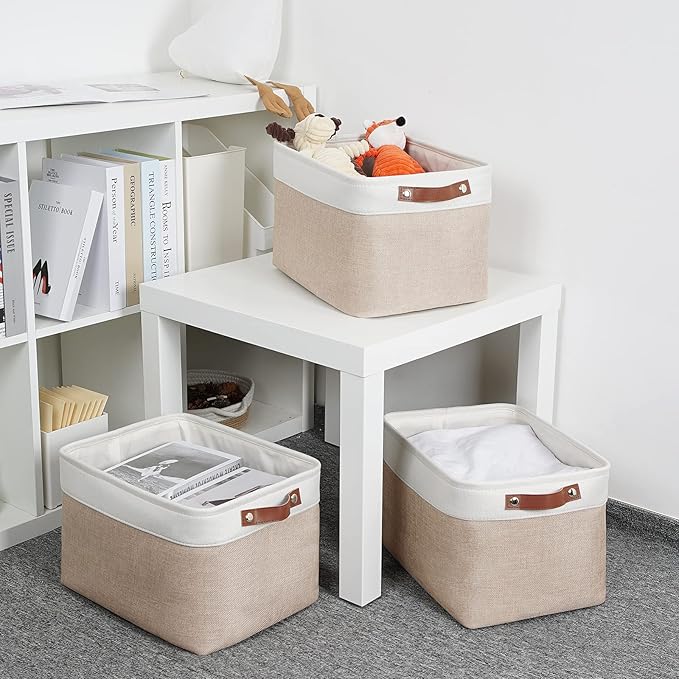 DULLEMELO Fabric Storage Bins, Storage Baskets for Organizing, Collapsible Rectangular Fabric Baskets for Shelves, Empty Gift Baskets (3-Pack Medium-15 inch X 11 inch X 9.5 inch , White&Khaki)-Ruum Studio Home