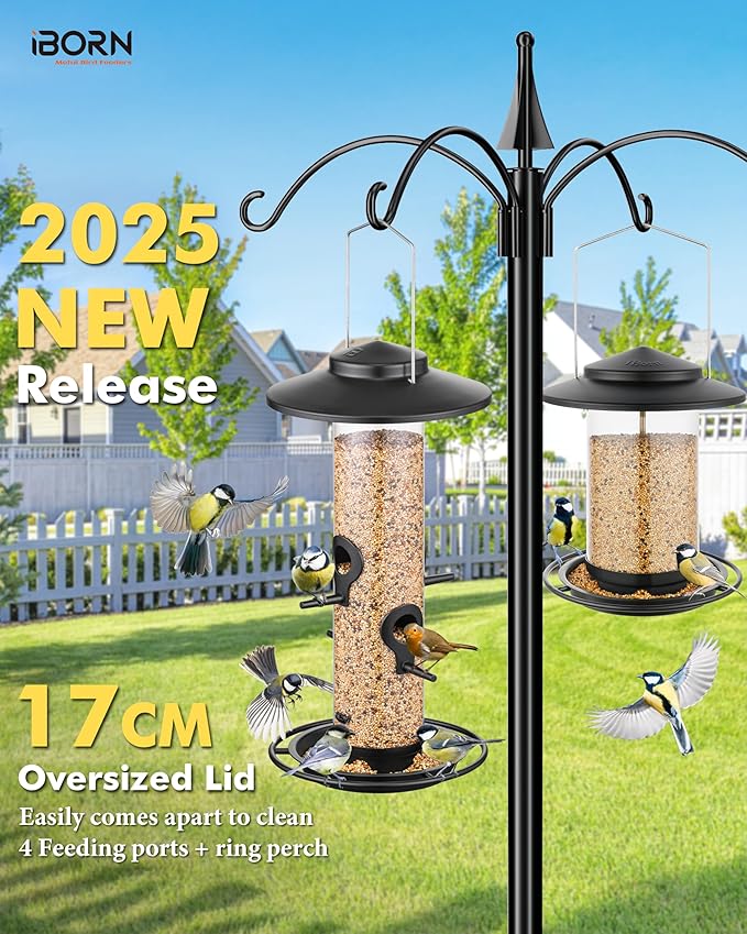 iBorn Metal Bird Feeders for Outdoors, 2LB Bird Seed Feeder 17cm Large Roof &Tray, 4 Feeding Ports, Black Finish-Ruum Studio Home