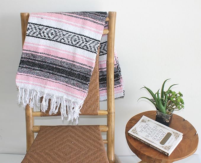 Del Mex Classic Mexican Blanket, Large Authentic Woven Falsa Throw (70"x50"), Artisan Southwest Décor for Beach, Yoga, Outdoors (Pink)-Ruum Studio Home
