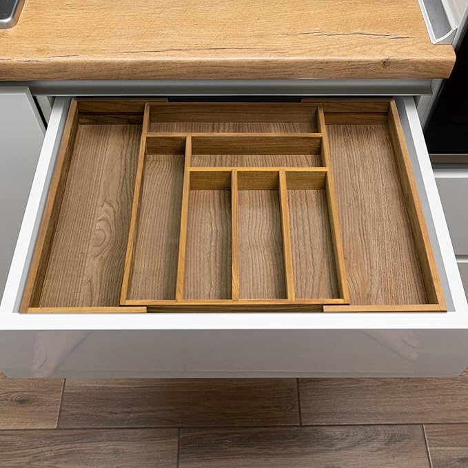 VaeFae Teak Drawer Organizer, Large Silverware Organizer, Expandable Utensil Organizer for Kitchen Drawer, Wooden Cutlery Tray Drawer Dividers Organizer-Ruum Studio Home