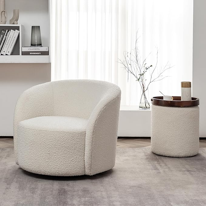 KINWELL 34" Boucle Swivel Barrel Chair with 18" Round Ottoman Set, Fully Assembled Set of Sherpa Accent Chair and Footrest, Modern Comfy Armchair and Footstool for Living Room and Bedroom, Cream-Ruum Studio Home