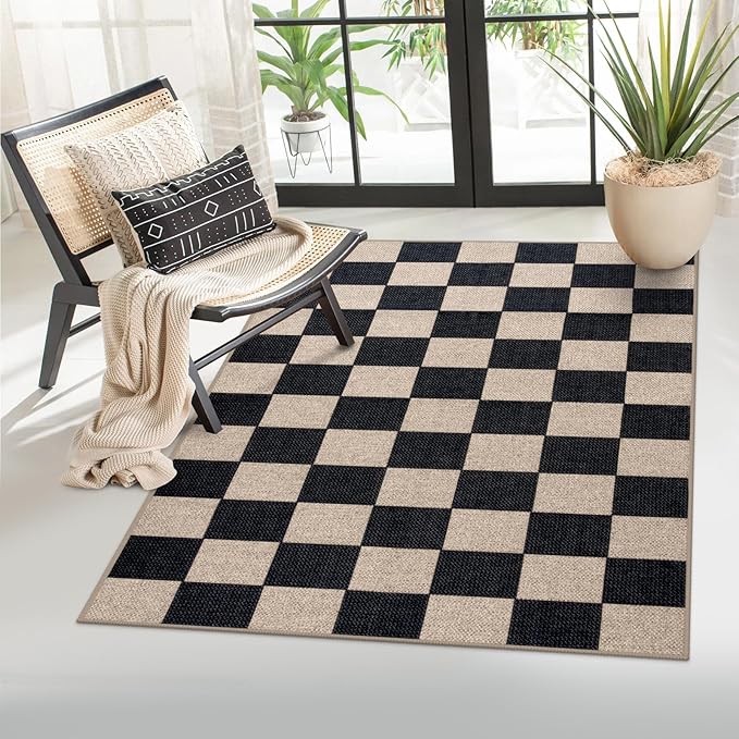 Lahome Checkered Easy Jute Carpet, 3x5 Outdoor Patio Rug Washable Rugs for Entryway Checkerboard Indoor Outdoor Living Room Classroom Carpet, Farmhouse Neutral Non Slip Black Door Mat for Bedroom-Ruum Studio Home