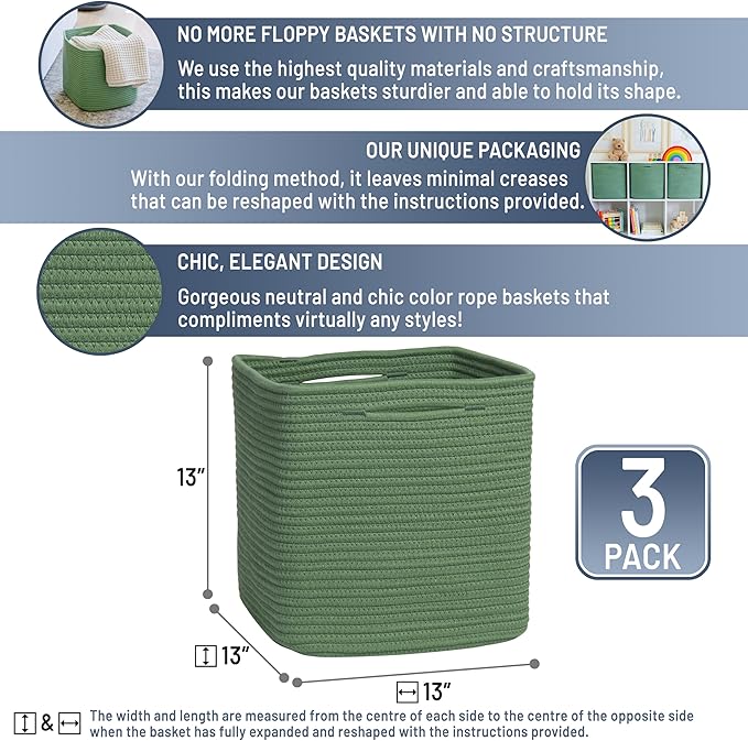NaturalCozy 13 Inch Cube Storage Bins Cotton Rope Woven Baskets for Organizing 3-Pack | 13 x 13 Storage Cubes | Fabric Square Storage Baskets for Shelves Organizer, Kids Toy Bins, Closet Baby Nursery-Ruum Studio Home