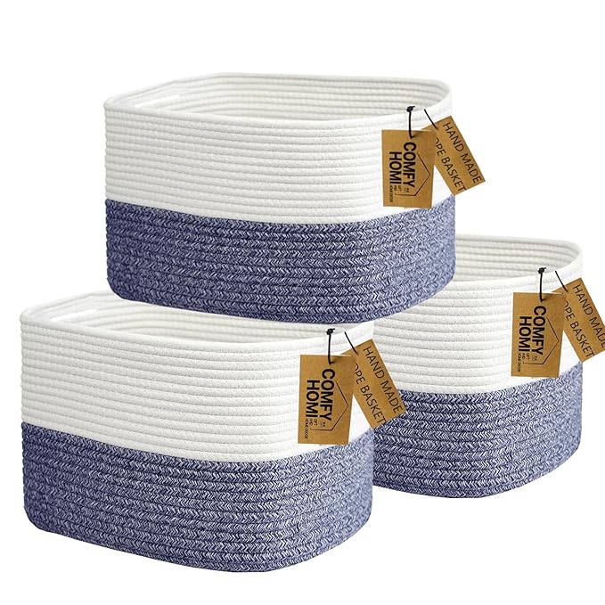 COMFY-HOMI 3 Pack Medium Cotton Rope Basket with Handles for Shelves, Dog Toy, Baby, Gift Organizing, Handwoven Craft - New Generation 13.5" x 11" x 9.5" (Navy Blue)-Ruum Studio Home