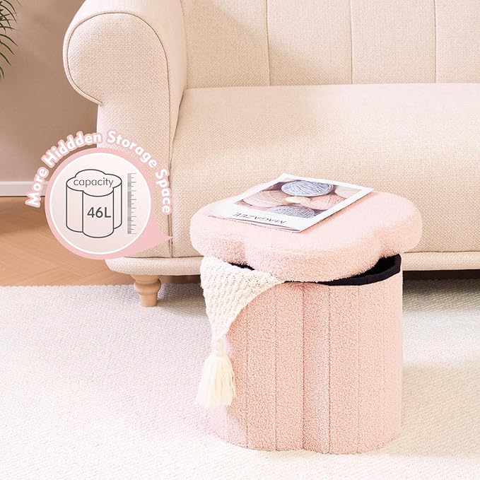 B FSOBEIIALEO Storage Ottoman Cube, Flowers Shaped Ottomans with Storage Foot Stool Footrest, Boucle Ottoman Seat for Dorm Room, Faux Teddy Fur, Pink 15"x15"x15"-Ruum Studio Home