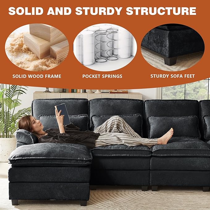 113" Oversized Cloud Couch, U Shape Sectional 4 Seat Sofa with Double Chaises, 2 Layer Cusions, Deep Seat Comfy Sofa, Upholstery Chenille Fabric for Living Room, Black-Ruum Studio Home