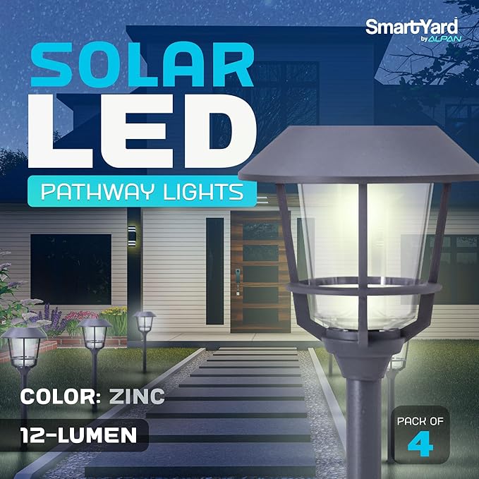Solar LED Path Lights 4 Pack – 12 Lumens, Warm White, Weathered Zinc, Stainless Steel, Solar Powered, Weather-Resistant Outdoor Lighting for Walkway, Garden, Patio, Sidewalk-Ruum Studio Home