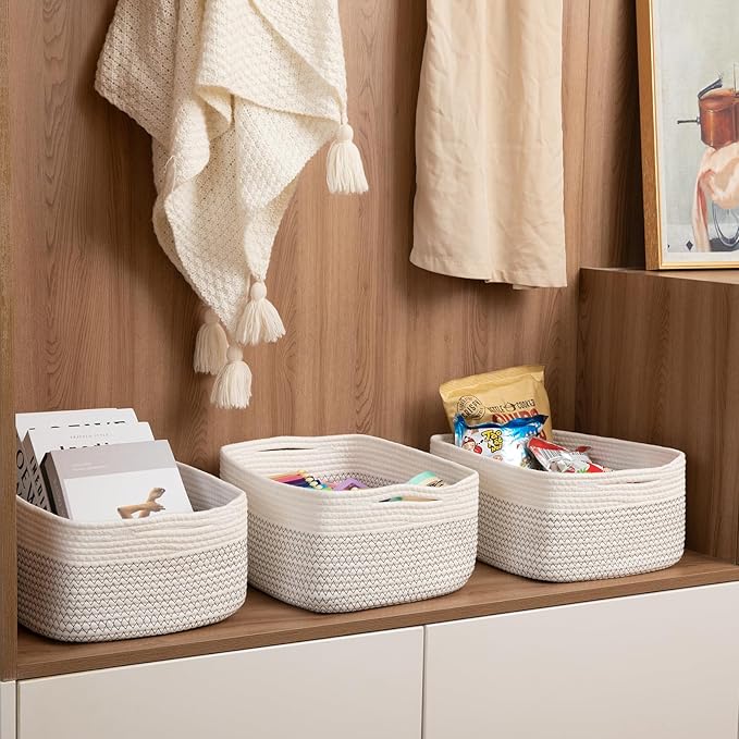 Storage Baskets for Organizing 3 Pack, Woven Baskets for Shelves, Closet Organizer Bins Empty Gift Basket Toy Storage for Toys, Books, Towels, Clothes, 15"x11.42"x6.7", White & Black-Ruum Studio Home