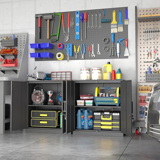 Metal Wall Cabinet,Garage Wall Cabinetwith Handle,Lockable Storage Cabinets Wall Mounted with 2 Doors,Locking Cabinet with Shelves for Basement,Living Home,Black-Ruum Studio Home