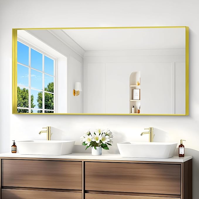 Gold Bathroom Mirror, 30x60 Inch Rectangular Deep Frame Mirror, Large Wall Mounted Bathroom Vanity Mirror Over Sink for Bedroom,Restroom, Living Room, Hangs Vertically or Horizontally-Ruum Studio Home