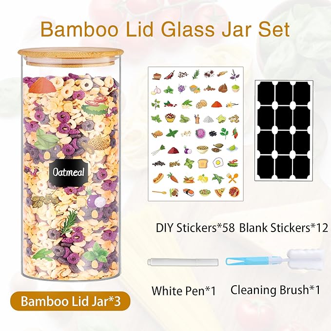 Glass Jars with Bamboo Lids, 58 oz 3 Pcs Kitchen Glass Containers with Bamboo Lids, Airtight Glass Pantry Storage Containers with Lids for Rice, Flour, Nuts, Cookie, Pasta, Oatmeal, Bean-Ruum Studio Home
