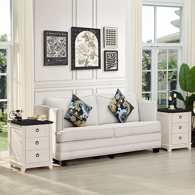 Farmhouse Night Stand Set of 2, 18" End Table with 3 Drawer Metal Handle, Dresser for Bedroom, Sofa Bed Side Table Chest of Drawers,Wood Nightstand Cabinet for Organizer, Living Room-White-Ruum Studio Home