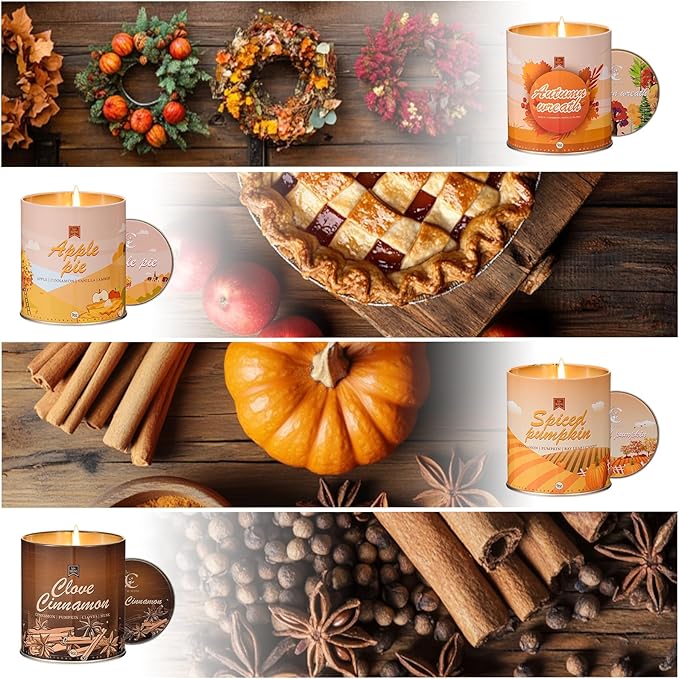 4 Pack Scented Fall Candles Set, 36oz Aromatherapy Soy Wax Candles for Home Scented, Halloween House Warming Gifts Birthday Candle for Women Halloween Apple Pie/Autumn Wreath/Cinnamon/Pumpkin Candle-Ruum Studio Home