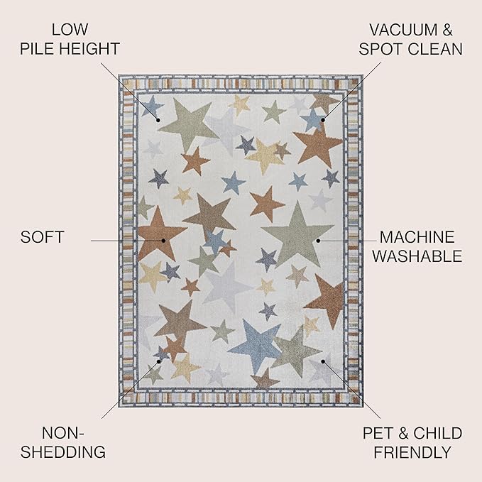 JONATHAN Y Machine-Washable Ivory/Blue/Orange Indoor Area Rug, 4x6, Star Gazer Geometric, Border, Kids & Novelty, Classic, Bedroom, Kitchen, Living Room, Easy-Cleaning, Non-Shedding (KDW100A-4)-Ruum Studio Home