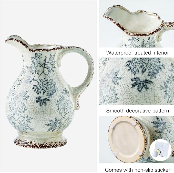 Enra Large Vintage Blue and White and Pitcher for Home Decor, 9.7 Inch Rustic Chinoiserie Decorative Vases, Green and Beige Ceramic Vases for Living Room, Kitchen, Office – Large Vases for Decor-Ruum Studio Home